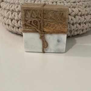 New Set of 4 marble and carved wood coasters